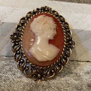 Vintage Pink and White Short Haired Lady Cameo Brooch